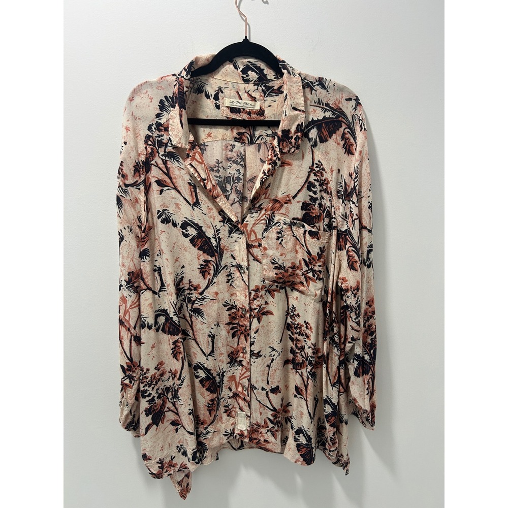 We The Free People Floral Palm Print Button Down Boho Blouse Large Terracotta